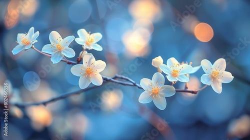   A close-up of a flower on a tree branch with blurry background lights