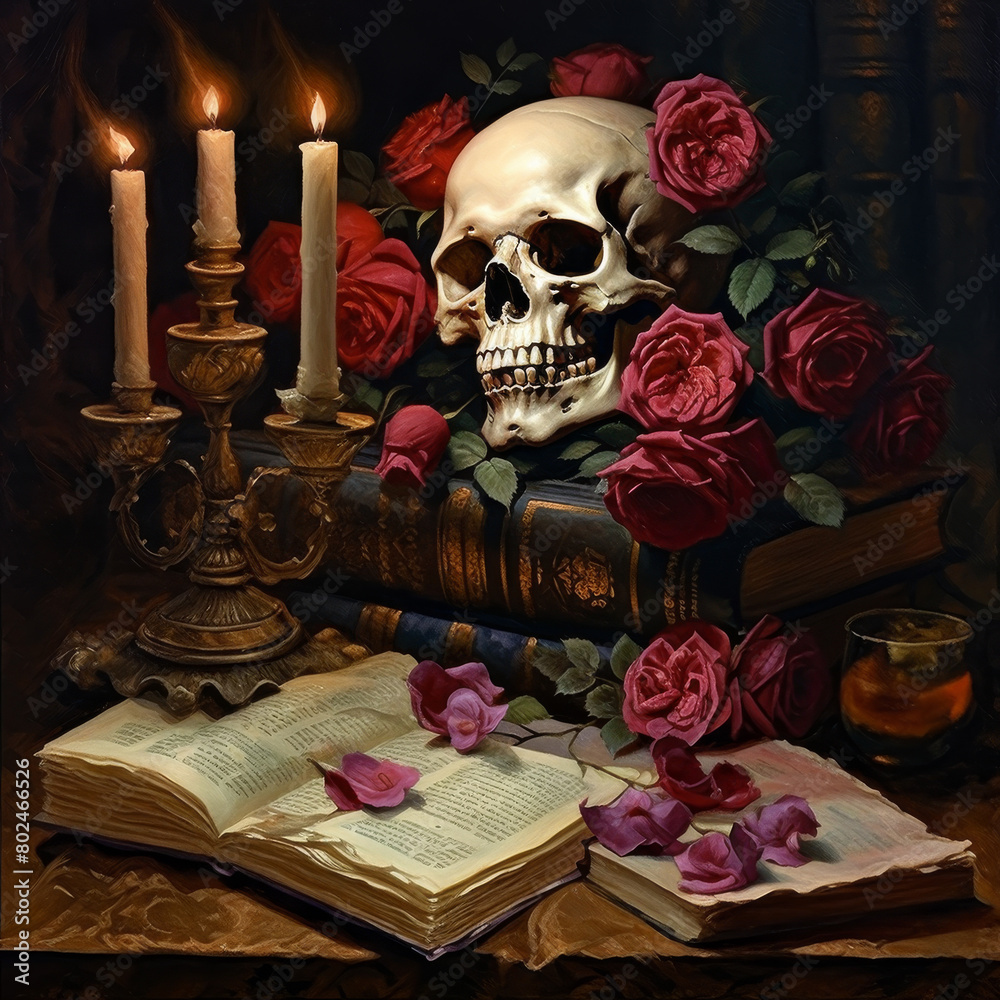Gothic Reverie: A Dark Still Life with Skull, Roses, and Candlelight
Gothic Reverie: A Dark Still Life with Skull, Roses, and Candlelight