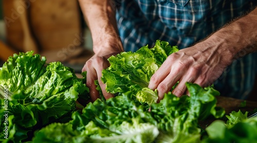 A man is making a fresh salad using romaine lettuce. This is a good choice for a healthy meal.