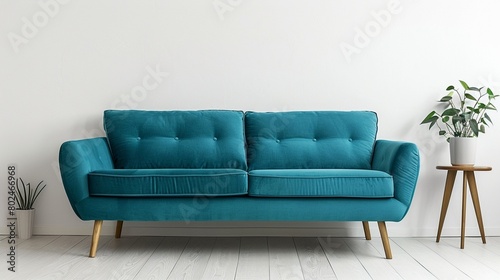 Modern interior design of a living room with a teal sofa and white wooden floor © Matthew