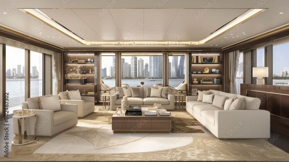 a modern penthouse with panoramic views of a glittering city skyline or a pristine yacht sailing on tranquil waters.
