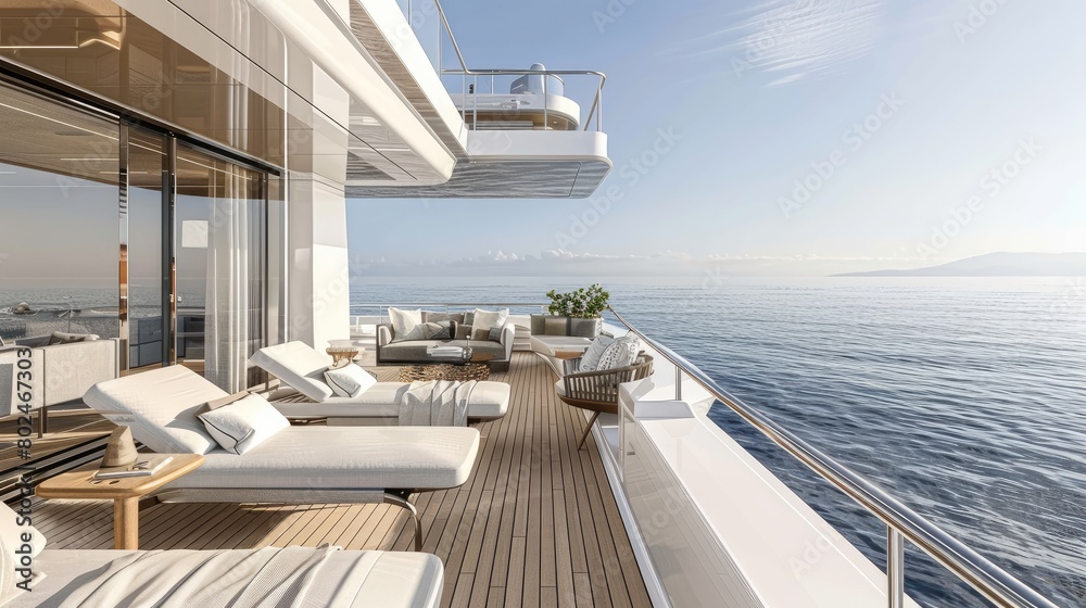 Fototapeta premium a modern penthouse with panoramic views of a glittering city skyline or a pristine yacht sailing on tranquil waters.