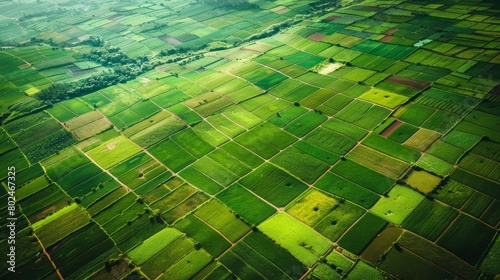 Aerial view of a patchwork of green agricultural fields, showcasing the concept of farming and rural landscapes