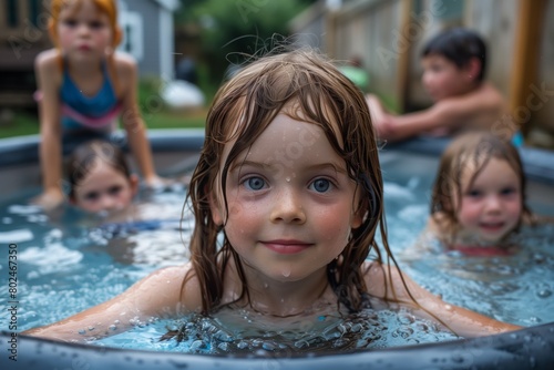 Happy young children playing in a backyard swimming pool