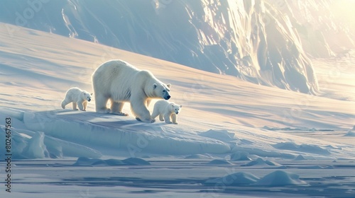 Polar bear and cubs walking on the snow-covered tundra in the polar region
