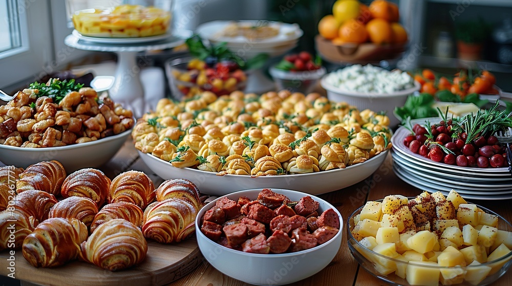   A wooden table adorned with an array of dishes on top