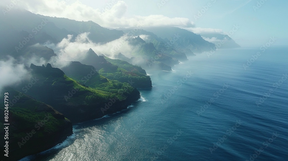view of the cliffs and ocean from above, with foggy clouds in front, on Island