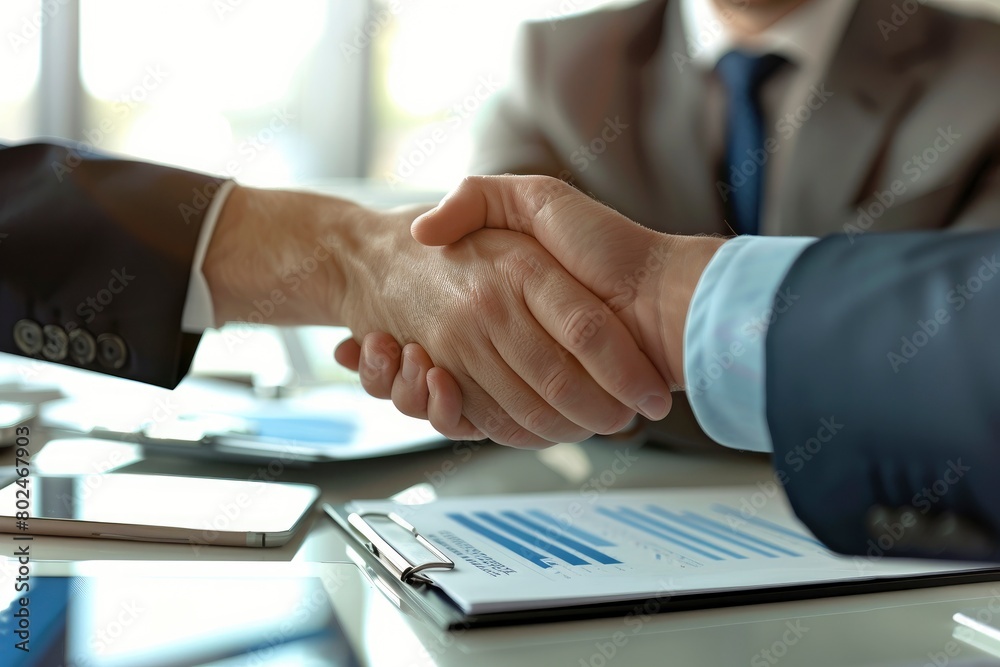 Two business people shaking hands over an office desk, with documents and digital tablets on the table.