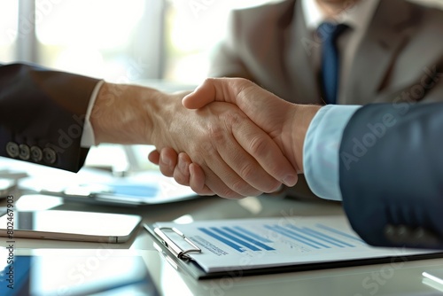 Two business people shaking hands over an office desk, with documents and digital tablets on the table.
