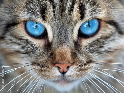 Close-up of a cat's face showcasing captivating blue eyes and detailed whiskers.
