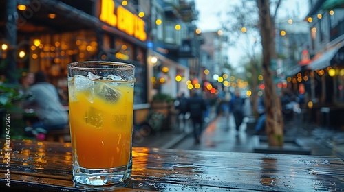   An orange juice glass on a table near a storefront with passersby photo