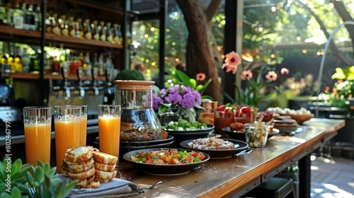  Wooden table with plates of food adjacent to bar with orange juice in glasses and bottles of juice