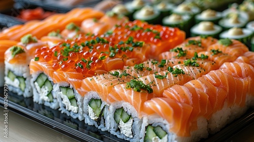  A zoomed-in shot of a sushi platter with cucumber slices and additional dishes on the side