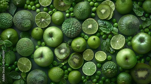   A collection of limes, kiwis, limes, and peas arranged in an identical pattern photo
