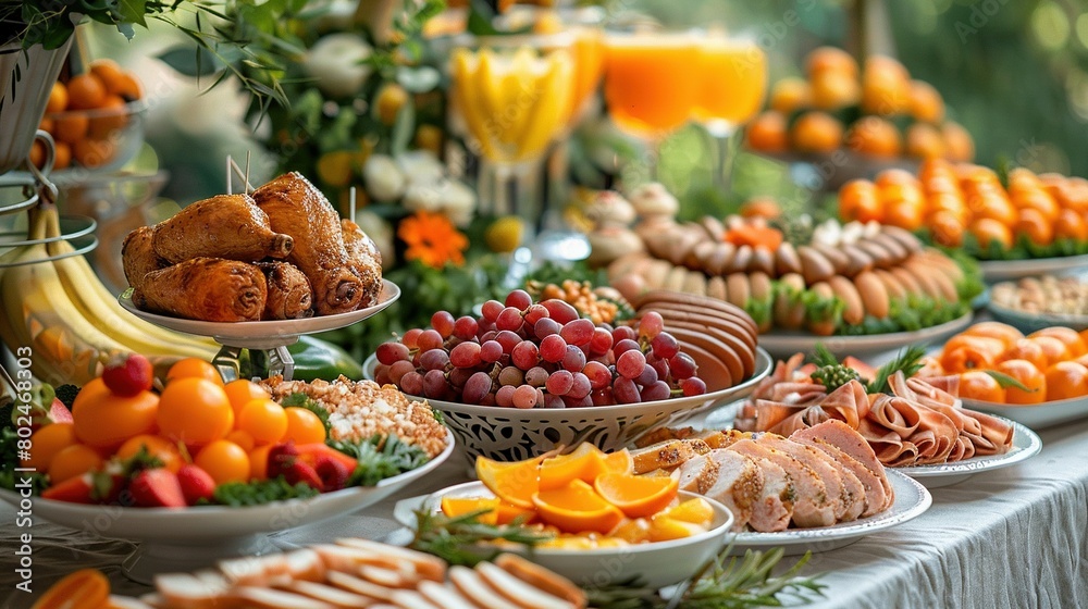 A tablecloth-covered table adorned with various foods A tablecloth-covered table adorned with various foods