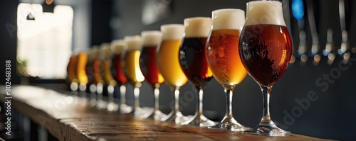 A row of glasses with different types and colors beer, sitting on the bar counter