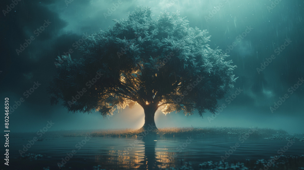 A tree is in the water with the sky in the background A tree is in the water with the sky in the background