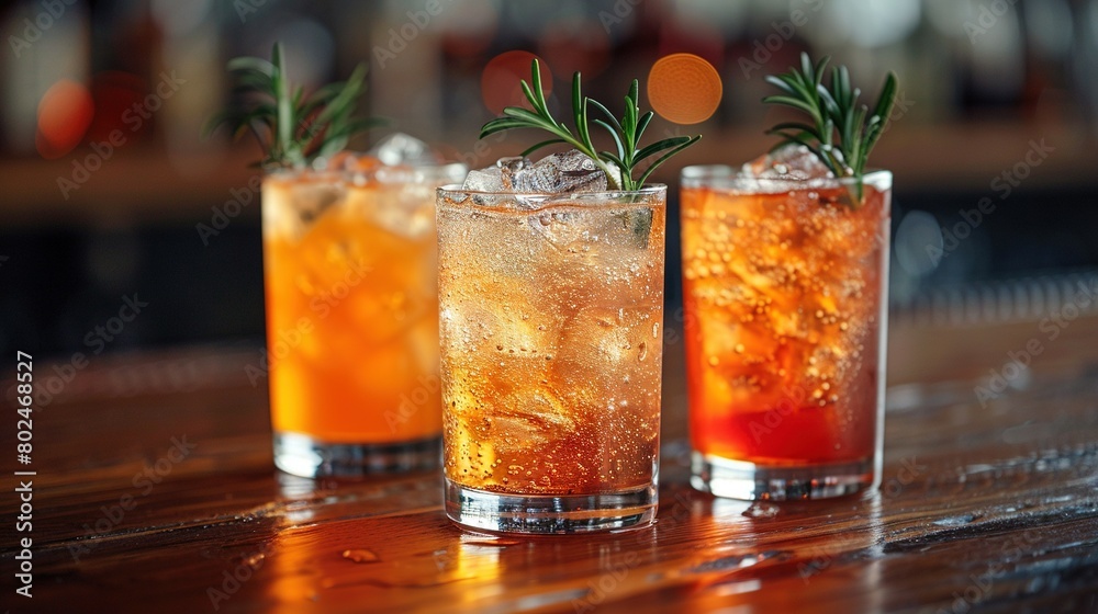 A close-up of three glasses filled with drinks, surrounded by rosemary sprigs on a tabletop A close-up of three glasses filled with drinks, surrounded by rosemary sprigs on a tabletop
