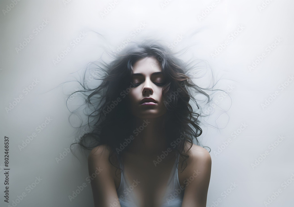 Woman with curly hair on smooth background Woman with curly hair on smooth background