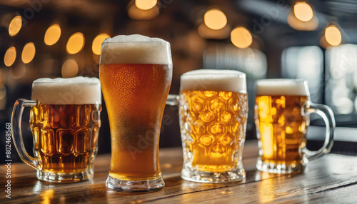 Assorted lager glasses, full and frothy, arranged on a pub table, symbolizing conviviality and choice photo