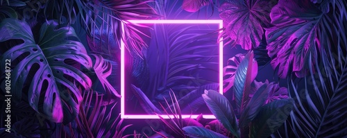 abstract neon purple square frame surrounded by tropical leaves on dark background photo