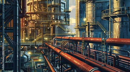 A depiction of a fractionating column within an oil refinery, showcasing the industrial equipment used in chemical and gasoline production photo