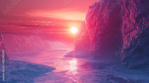A beautiful pink sunset over a rocky shoreline