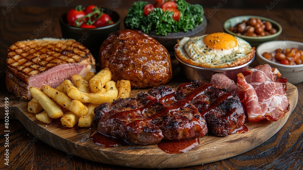 Wooden platter filled with diverse spread of eggs, meat, waffles + other delights Wooden platter filled with diverse spread of eggs, meat, waffles + other delights