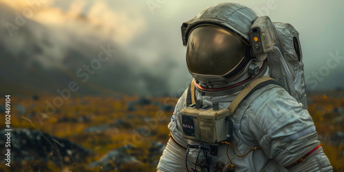 Astronaut, spacesuit and walk for planet, research and explore in solar system or galaxy. Person, innovation and discovery of habitable home for interplanetary travel and future environment of mars photo