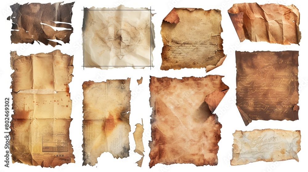 A set of assorted vintage and antique paper scraps, stained and torn, isolated on a white background, suitable for digital collages or textual presentations in a grungy style