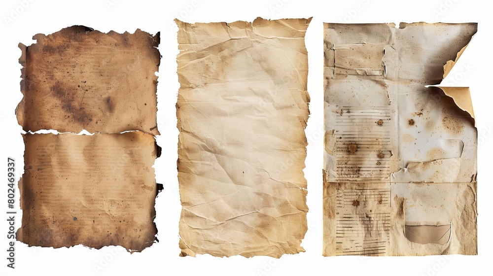 A set of assorted vintage and antique paper scraps, stained and torn, isolated on a white background, suitable for digital collages or textual presentations in a grungy style