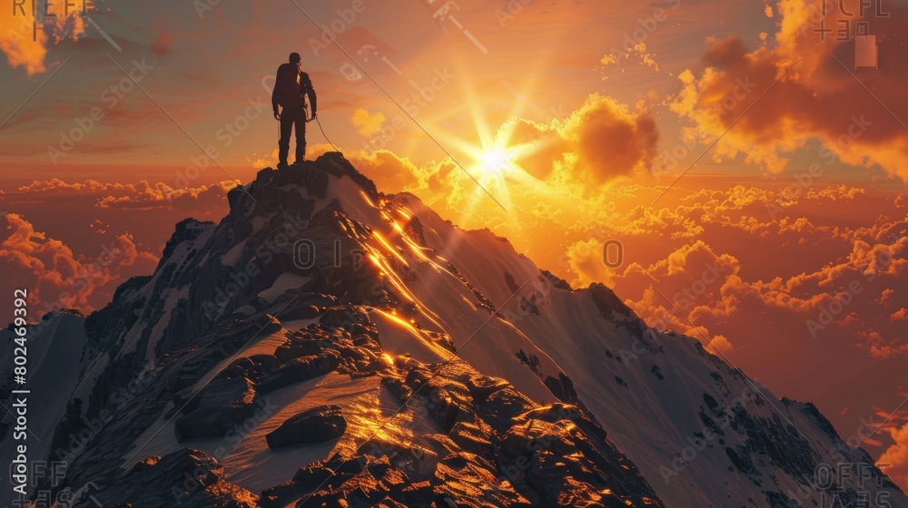 Triumphant mountain climber conquering peak at golden sunset with the sun setting in the background