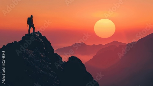 Mountain climber triumphs at summit under majestic sunset in breathtaking achievement