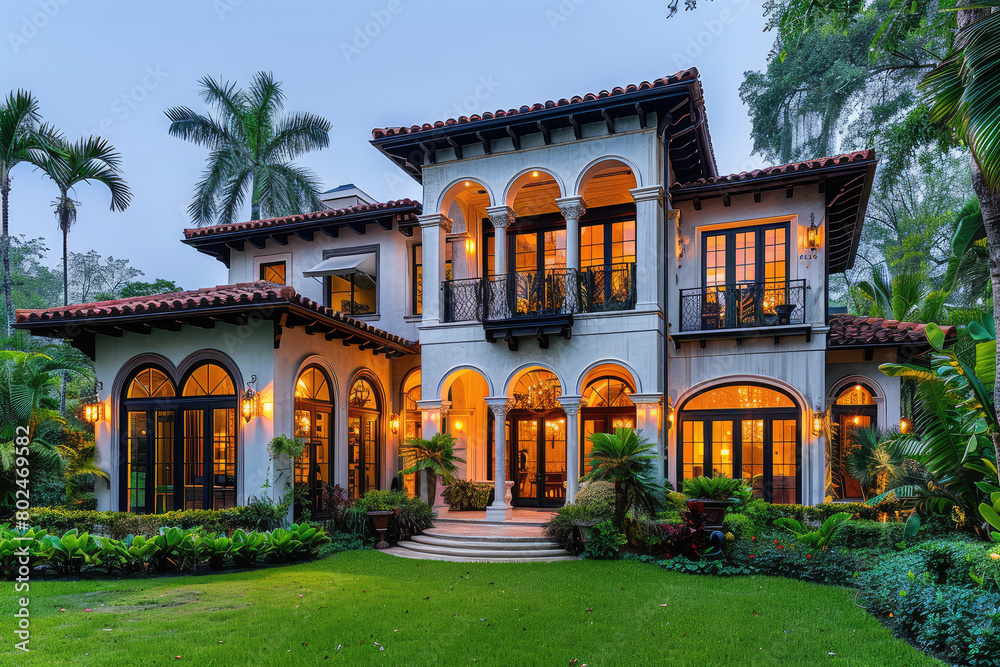 A majestic Spanish colonial mansion with arched windows, white stucco walls and dark wood accents at sunset, surrounded by lush green gardens under the warm glow of orange light from inside. 