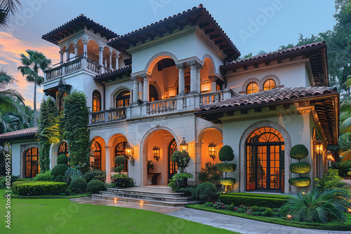 A luxurious Spanish colonial style mansion with arched windows, intricate stonework and large ornate columns at sunset. Created with Ai © Creative Stock 
