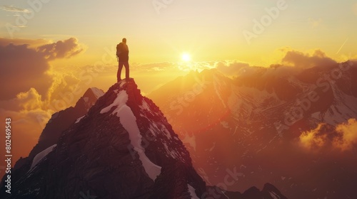 Mountain climber standing triumphantly on peak at sunset with sun in the background