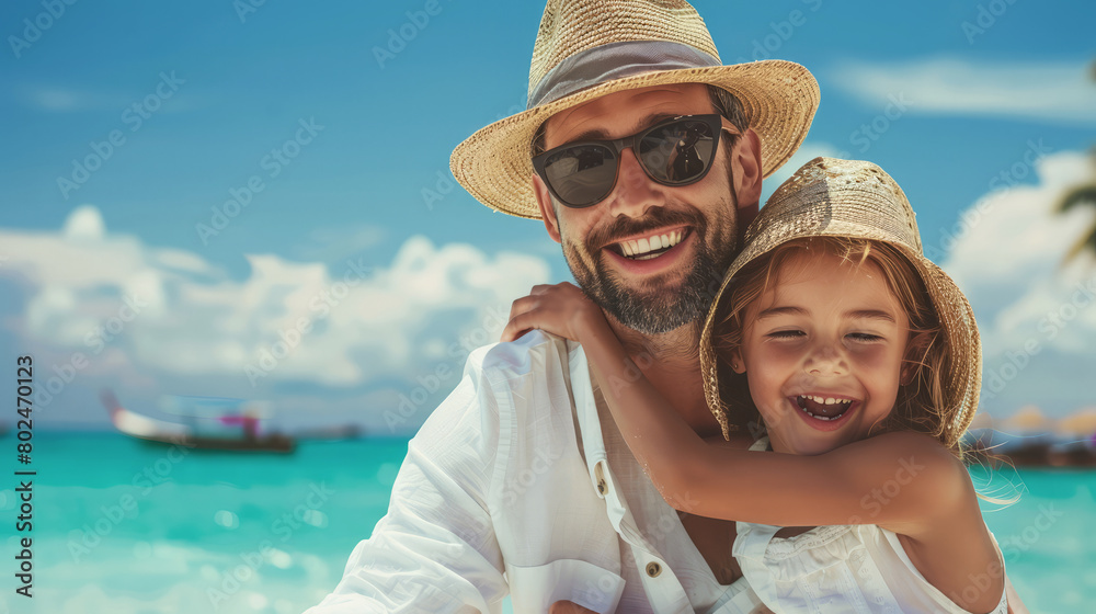 A man and a little girl are smiling and hugging each other on a beach