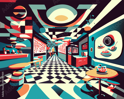 hypnotic optical perspective art of cafe items and fast foods and pissas and indoor a cafe, vector photo