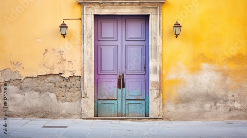 A dilapidated building wall with a lantern on it and a wooden door require major repairs. The facade of the house with damaged plaster. Photophone for retro photography. Illustration for varied design © Login