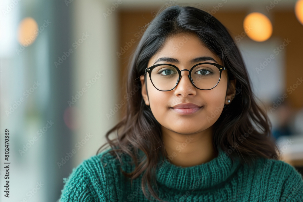 Young indian woman in green color sweater and eyeglasses. Young indian woman in green color sweater and eyeglasses.