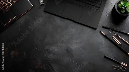 A sleek black desk adorned with a laptop and pens, offering a minimalist workspace with modern technology for productivity and creativity