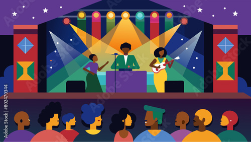 The stage is adorned with colorful lights and a large screen displaying images of iconic African American musicians as the audience is transported. Vector illustration