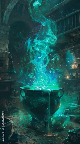 A green pot of liquid with a blue smoke coming out of it