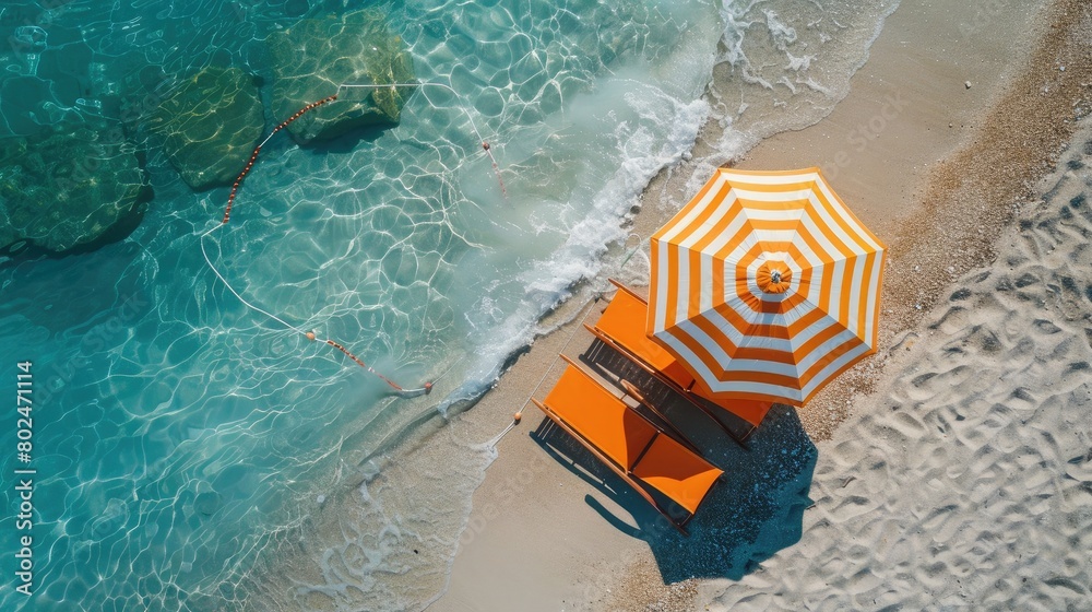 Fototapeta premium Serenity Unveiled: An Orange Beach Chair and Umbrella Basking in Coastal Bliss