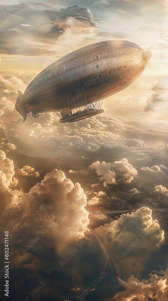A large, silver, airship is flying through a cloudy sky A large, silver, airship is flying through a cloudy sky