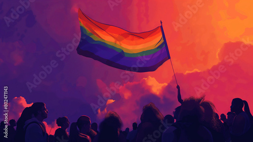 A symbolic image capturing the raising of the LGBTQ+ pride flag at the rally, as participants gather around to watch it ascend into the sky, symbolizing the triumph of love and acc photo