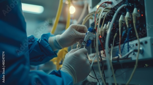 A man in a blue lab coat is working on a piece of equipment