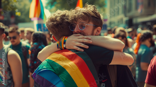 A powerful moment captured as two men hug tightly at the rally, their embrace conveying a sense of belonging and camaraderie within the LGBTQ+ community, while also sending a messa