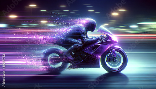 holographic motorcyclist rushes through the city, crumbling into pixels from behind, speed concept