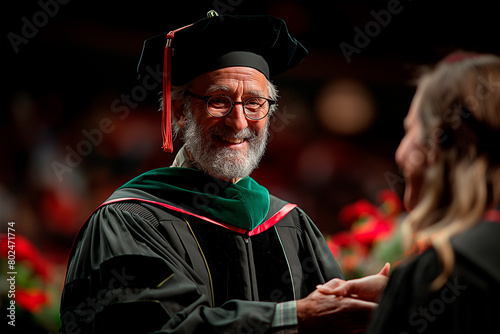 University president or dean congratulating graduates as they walk across the stage, education and graduation concept photo